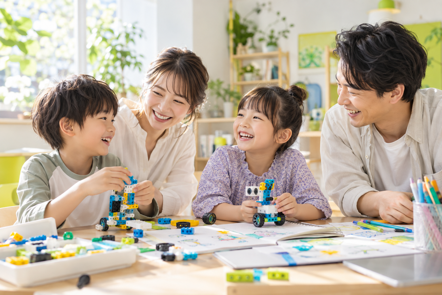 笑顔の子ども二人と保護者二人が、一緒にロボットづくりを楽しむイメージ